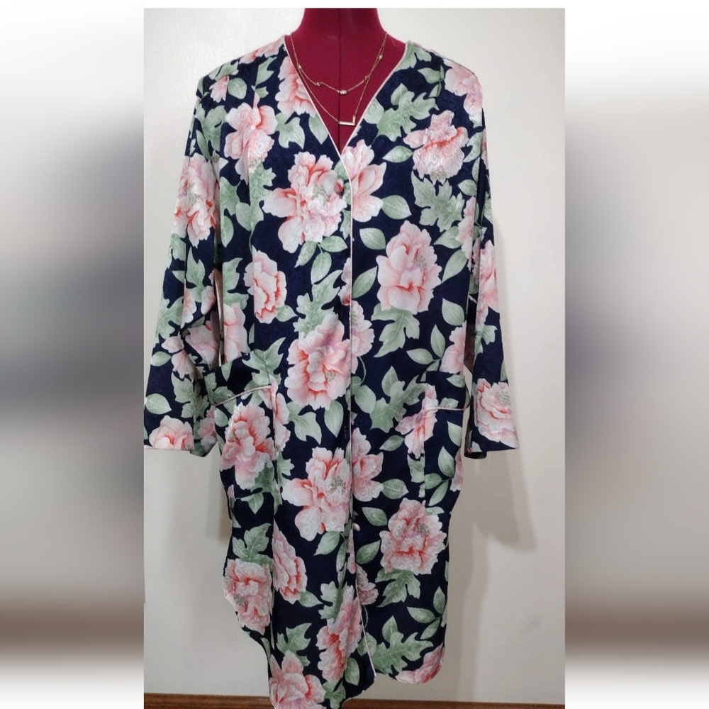 Vintage Christian Dior Lingerie Blue Floral Robe Frontal Pockets Size Medium